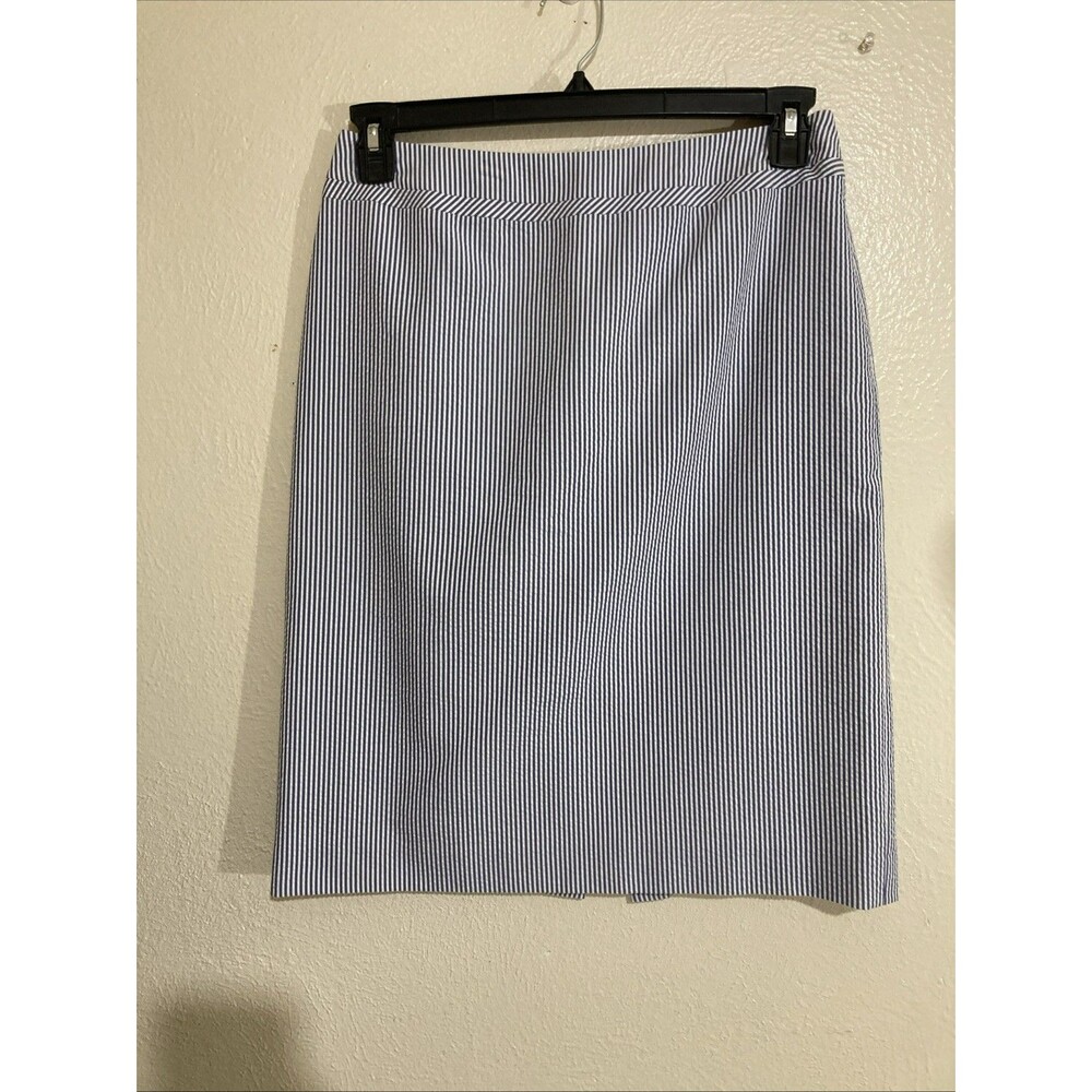 TAHARI Pencil Skirt Sz 6 Blue White Striped Zipper Lined Knee Length   c1